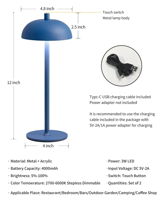 Alt view image 5 of 7 - 12" Cordless Table Lamps Set of 2, Blue Modern Portable Desk Lamp LED, 3 Color Dimming, Rechargeable, Battery Operated Lights for Bedroom, Outdoor, Restaurant, Bedside, Night Light, Gifts