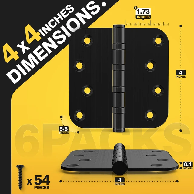 Alt view image 2 of 7 - Ball Bearing Door Hinges, 4 x 4 Inch, 5/8" Radius,Matte Black, 6 Pack Heavy Duty Stainless Steel, Smooth and Quiet, Non Removable Pin