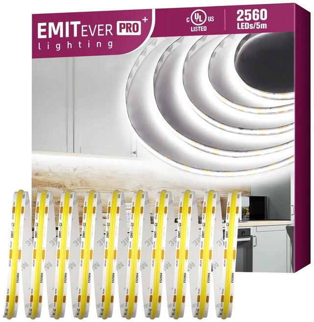 Main image of COB LED Strip Lights 5000K 24V, 16.4ft/5m, 2560LEDs, UL Listed White Tape Light Premium High Density,for Bedroom,Kitchen,Cabinet,360+Lumens/ft,Ra 90+ (Power Supply Sold Separately)