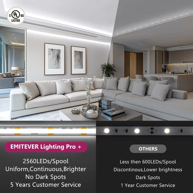 Alt view image 3 of 7 - COB LED Strip Lights 5000K 24V, 16.4ft/5m, 2560LEDs, UL Listed White Tape Light Premium High Density,for Bedroom,Kitchen,Cabinet,360+Lumens/ft,Ra 90+ (Power Supply Sold Separately)
