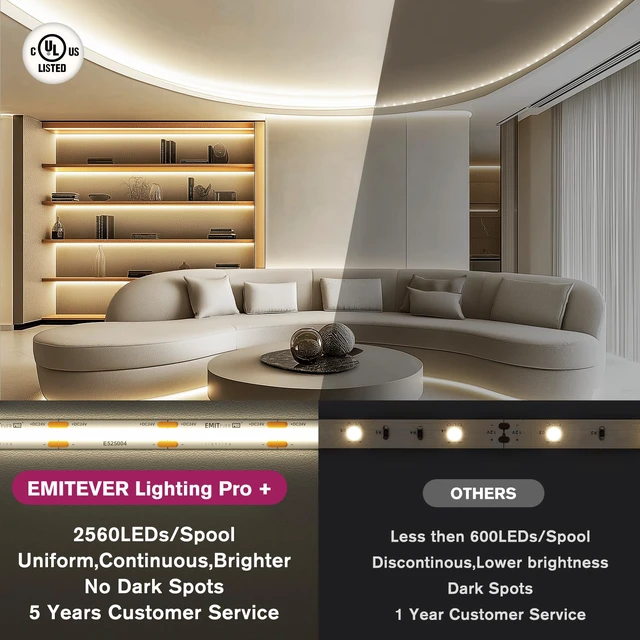 Alt view image 3 of 7 - COB LED Strip Lights 4000K 24V, 16.4ft/5m, 2560LEDs, UL Listed Neutral White Tape Light Premium High Density,for Bedroom,Kitchen,Cabinet,360+Lumens/ft,Ra 90+ (Power Supply Sold Separately)