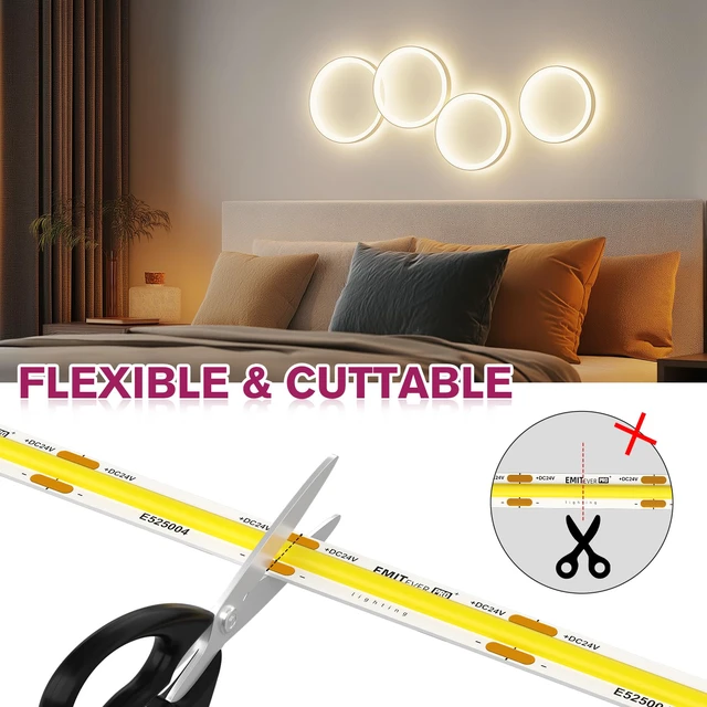 Alt view image 6 of 7 - COB LED Strip Lights 4000K 24V, 16.4ft/5m, 2560LEDs, UL Listed Neutral White Tape Light Premium High Density,for Bedroom,Kitchen,Cabinet,360+Lumens/ft,Ra 90+ (Power Supply Sold Separately)
