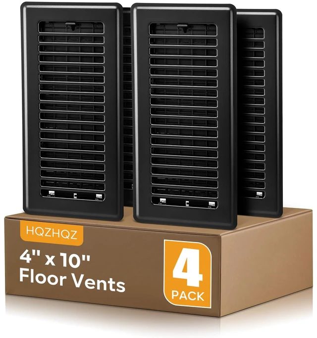 Main image of Black Vent Cover, Floor Register 4x10, Heavy Duty Steel Walkable Floor Vents, Easy Adjust Air Supply Lever, Vent Covers for Home Floor, 4 Pack Black