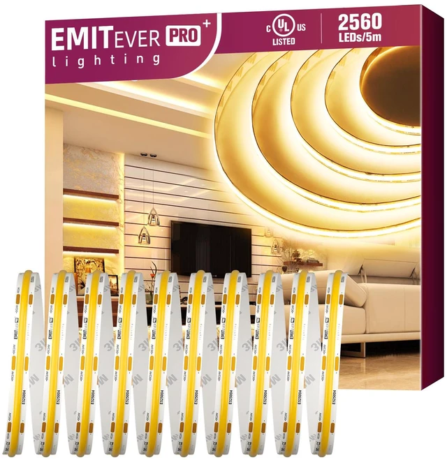 Main image of COB LED Strip Lights 3000K 24V, 16.4ft/5m, 2560LEDs, UL Listed Warm White Tape Light Premium High Density,for Bedroom, Kitchen,Cabinets,360+Lumens/ft,Ra 90+ (Power Supply Sold Separately)
