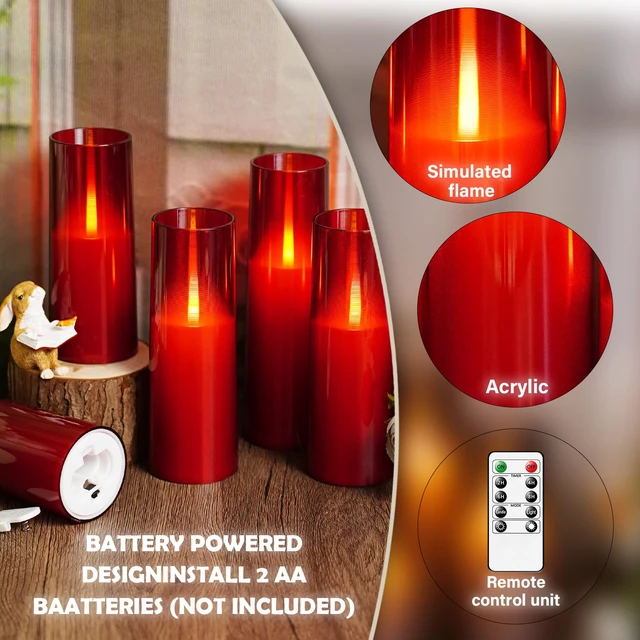 Alt view image 3 of 6 - Flameless LED Candles Upgraded Realistic Flickering Flame,7Pcs Battery Operated Candles with Remote Timers,LED Pillar Candles for Home Decor,Christmas,and Parties(Red)