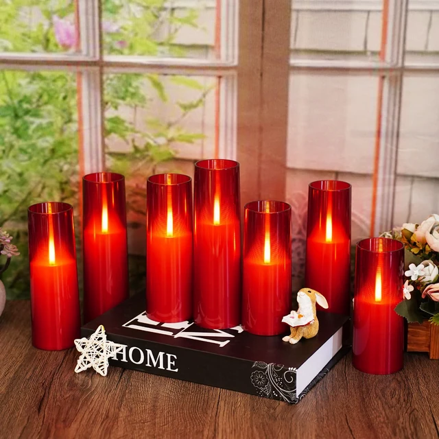 Alt view image 4 of 6 - Flameless LED Candles Upgraded Realistic Flickering Flame,7Pcs Battery Operated Candles with Remote Timers,LED Pillar Candles for Home Decor,Christmas,and Parties(Red)