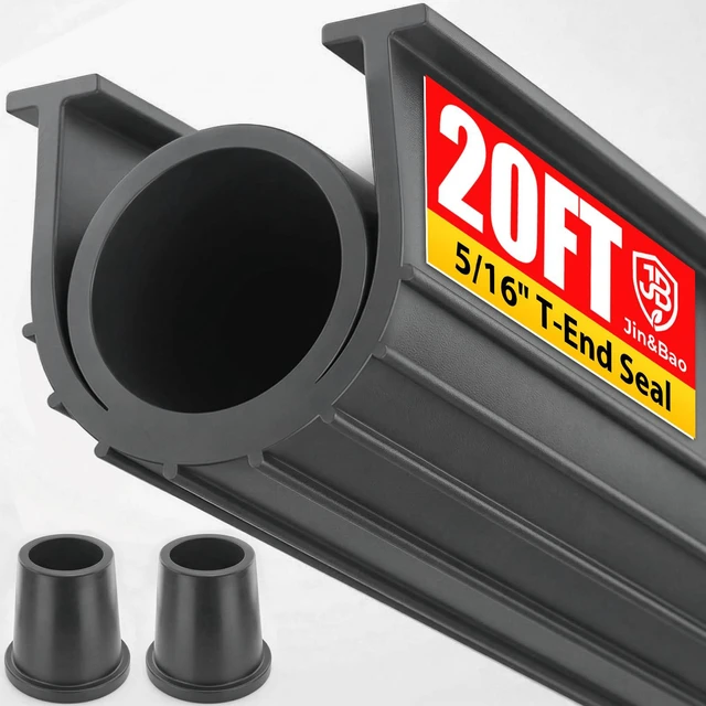 Main image of Garage Door Bottom Rubber Seal 5/16" T-End 20FT & 2 End Plugs Gray garage door bottom seal, double weather barrier, 2 end plugs, flexible rubber, easy trim, tool-free slide-in install