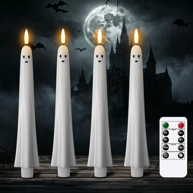 Main image of Ghost Flameless LED Taper Candles Battery Operated Remote Timer Ghost Light Flameless Candlesticks, Long Lasting Real Wax 3D Wick Flickering, Cute Halloween Decor, 0.79"D x 9.5"H, 4 Pack