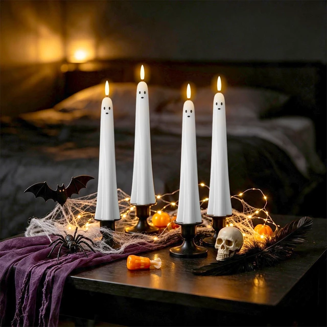Alt view image 3 of 7 - Ghost Flameless LED Taper Candles Battery Operated Remote Timer Ghost Light Flameless Candlesticks, Long Lasting Real Wax 3D Wick Flickering, Cute Halloween Decor, 0.79"D x 9.5"H, 4 Pack