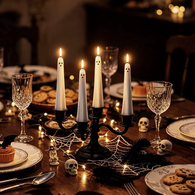 Alt view image 4 of 7 - Ghost Flameless LED Taper Candles Battery Operated Remote Timer Ghost Light Flameless Candlesticks, Long Lasting Real Wax 3D Wick Flickering, Cute Halloween Decor, 0.79"D x 9.5"H, 4 Pack