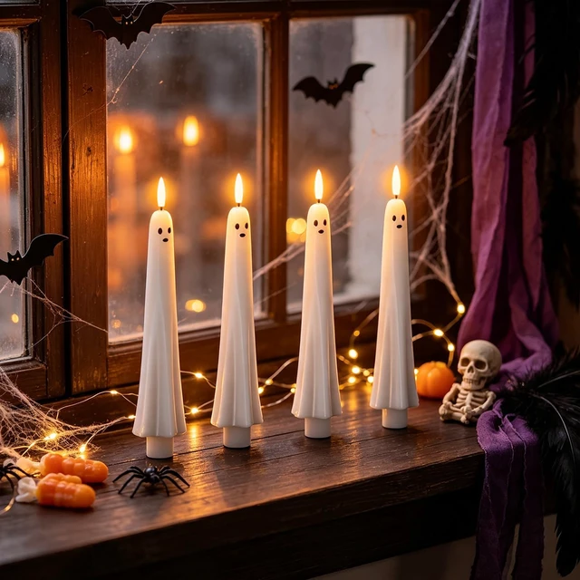 Alt view image 5 of 7 - Ghost Flameless LED Taper Candles Battery Operated Remote Timer Ghost Light Flameless Candlesticks, Long Lasting Real Wax 3D Wick Flickering, Cute Halloween Decor, 0.79"D x 9.5"H, 4 Pack
