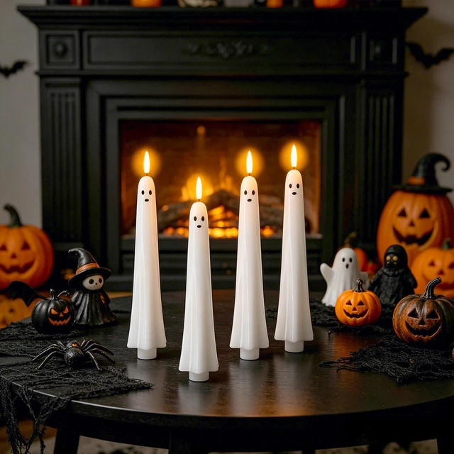 Alt view image 6 of 7 - Ghost Flameless LED Taper Candles Battery Operated Remote Timer Ghost Light Flameless Candlesticks, Long Lasting Real Wax 3D Wick Flickering, Cute Halloween Decor, 0.79"D x 9.5"H, 4 Pack