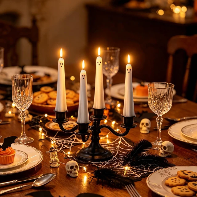 Alt view image 7 of 7 - Ghost Flameless LED Taper Candles Battery Operated Remote Timer Ghost Light Flameless Candlesticks, Long Lasting Real Wax 3D Wick Flickering, Cute Halloween Decor, 0.79"D x 9.5"H, 4 Pack