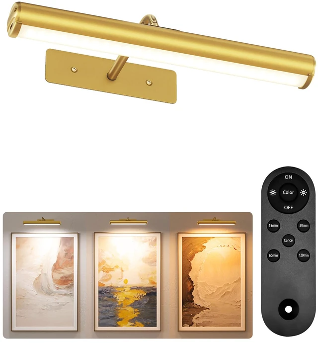 Main image of Wireless Picture Light for Wall, 13 Inch 4000mAh Rechargeable Battery Painting Light with Remote, 3 Color Temps Dimmable Gold LED Art Light for Gallery, Living Room, Hallway