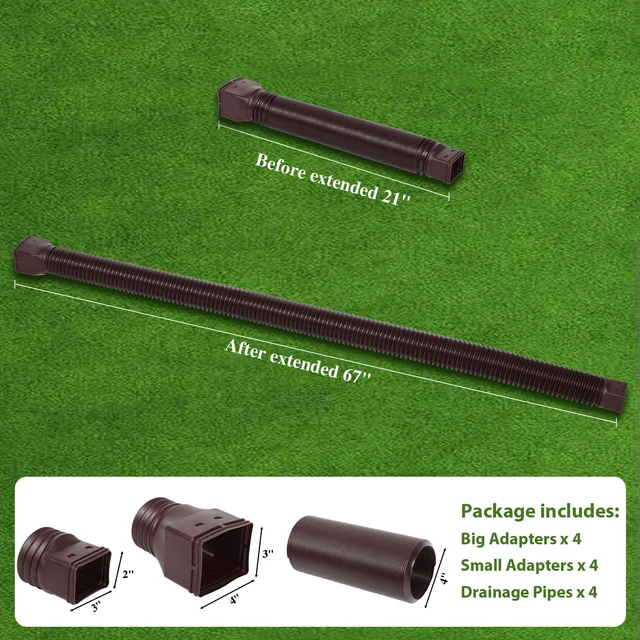 Alt view image 6 of 6 - 4 Pack Flexible Gutter Downspout Extensions Extendable from 21" to 67", Downspout Extender Comes with Adapters, Thickened Down spout Drain Extension for Rainwater Drainage(Brown)