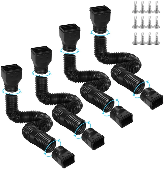 Main image of 4 Pack Flexible Gutter Downspout Extensions Extendable from 21" to 67", Downspout Extender Comes with Adapters, Thickened Down spout Drain Extension for Rainwater Drainage(Black)
