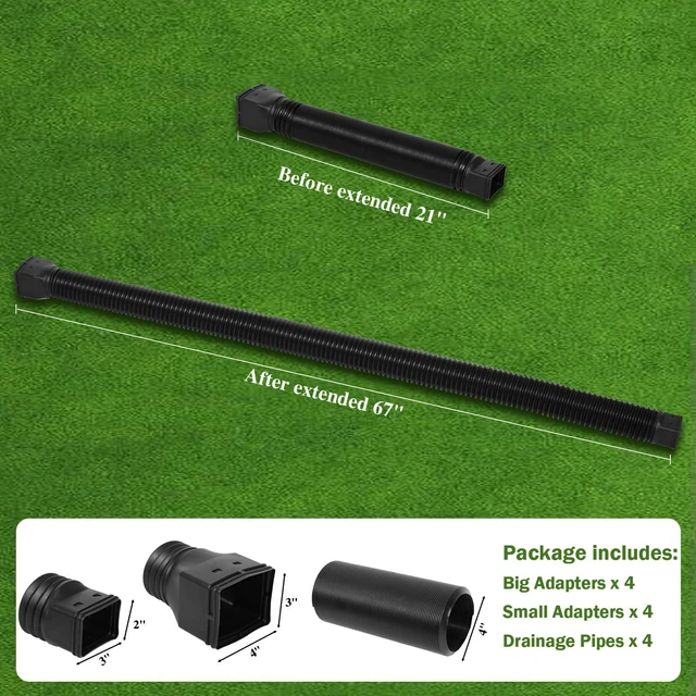 Alt view image 6 of 6 - 4 Pack Flexible Gutter Downspout Extensions Extendable from 21" to 67", Downspout Extender Comes with Adapters, Thickened Down spout Drain Extension for Rainwater Drainage(Black)