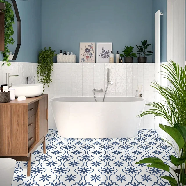 Alt view image 3 of 6 - Peel and Stick Floor Tile, Vinyl Flooring Waterproof, DIY Flooring for Bathroom, Kitchen, Fireplace, Pet House, Stairs, Bedrooms, Wall (40PCS,7.87" x 7.87",Blue)