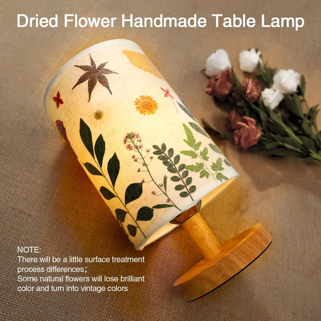 Alt view image 2 of 7 - Pressed Flowers Table Lamp 5W LED 3Color Temperatures Dried Flower Bedside Lamp Linen Shade with Wood Base for Bedroom Living Room Desk Office