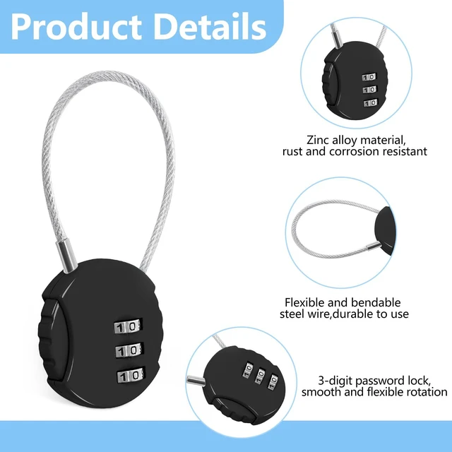 Alt view image 3 of 7 - 448 Pack 3 Digit Combination Cable Padlock,Black Resettable for Gym Locker Luggage Backpack, Waterproof Outdoor Security, Small Combo Lock for Travel School Storage