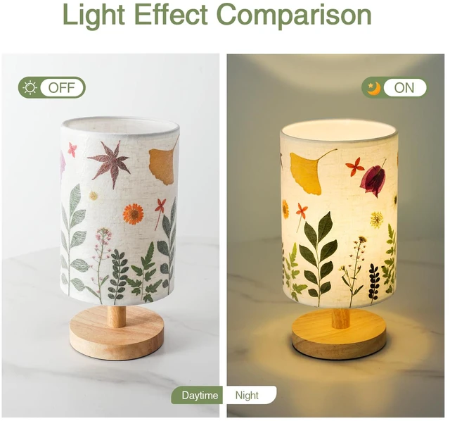 Alt view image 3 of 7 - Pressed Flowers Table Lamp 5W LED 3Color Temperatures Dried Flower Bedside Lamp Linen Shade with Wood Base for Bedroom Living Room Desk Office