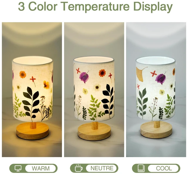 Alt view image 4 of 7 - Pressed Flowers Table Lamp 5W LED 3Color Temperatures Dried Flower Bedside Lamp Linen Shade with Wood Base for Bedroom Living Room Desk Office