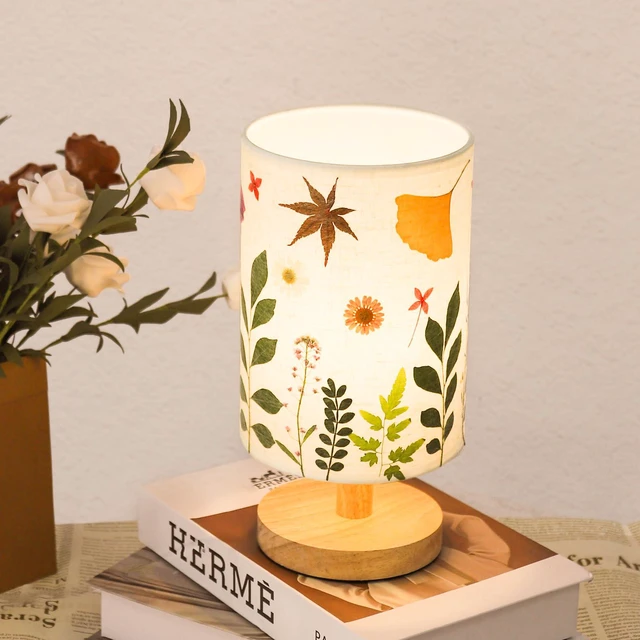 Alt view image 5 of 7 - Pressed Flowers Table Lamp 5W LED 3Color Temperatures Dried Flower Bedside Lamp Linen Shade with Wood Base for Bedroom Living Room Desk Office