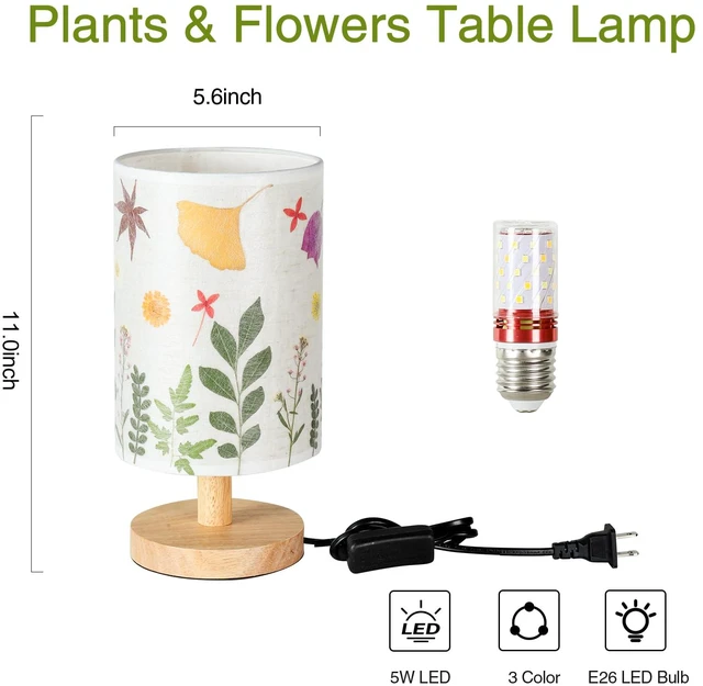 Alt view image 6 of 7 - Pressed Flowers Table Lamp 5W LED 3Color Temperatures Dried Flower Bedside Lamp Linen Shade with Wood Base for Bedroom Living Room Desk Office