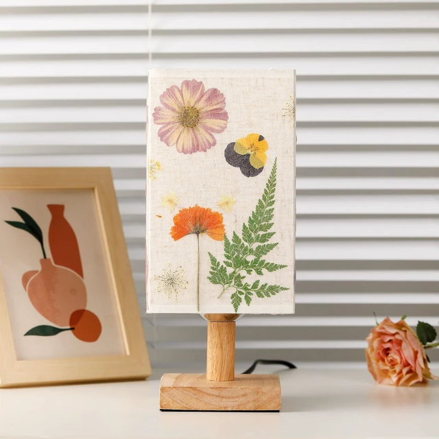 Alt view image 3 of 7 - Dried Flowers Table Lamp 5W LED 3Color Temperatures Pressed Flower Bedside Lamp Square Linen Shade with Wood Base for Bedroom Living Room