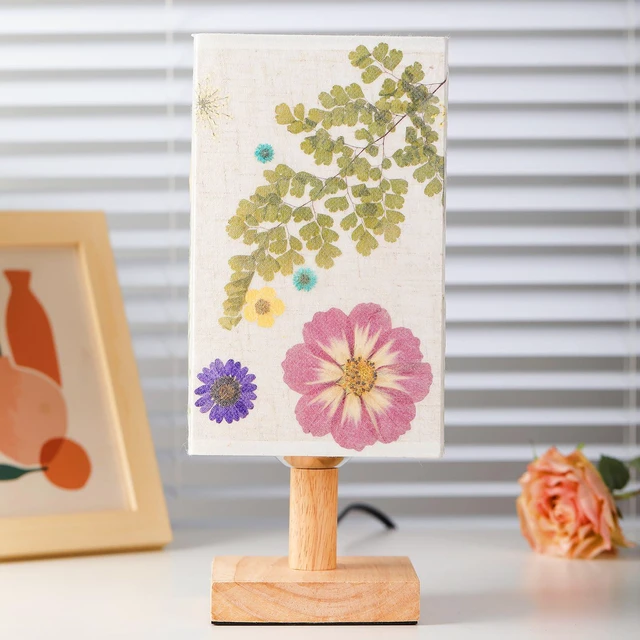 Alt view image 4 of 7 - Dried Flowers Table Lamp 5W LED 3Color Temperatures Pressed Flower Bedside Lamp Square Linen Shade with Wood Base for Bedroom Living Room