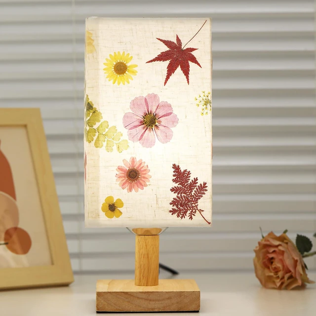 Alt view image 2 of 7 - Dried Flowers Table Lamp 5W LED 3Color Temperatures Pressed Flower Bedside Lamp Square Linen Shade with Wood Base for Bedroom Living Room