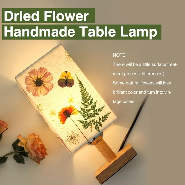 Alt view image 5 of 7 - Dried Flowers Table Lamp 5W LED 3Color Temperatures Pressed Flower Bedside Lamp Square Linen Shade with Wood Base for Bedroom Living Room