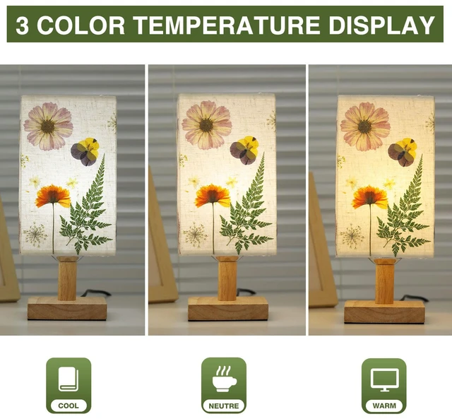 Alt view image 6 of 7 - Dried Flowers Table Lamp 5W LED 3Color Temperatures Pressed Flower Bedside Lamp Square Linen Shade with Wood Base for Bedroom Living Room