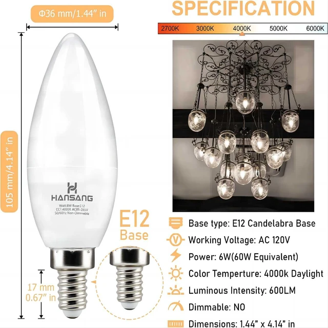 Alt view image 3 of 7 - 8 Pack E12 LED Chandelier Light Bulbs 60W Equivalent 4000K Daylight Candelabra Light Bulb, Type B Small Base Candle B11, Ceiling Fan Light Bulbs, 6 Watt LED, 600LM CRI85+, 120V, Non-Dimmable