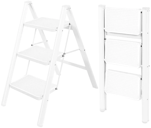 Main image of 3 Step Ladder,Lightweight Folding Step Stool with Wide Anti-Slip Pedal, 330LBS Capacity, Heavy Duty,Sturdy Iron Metal Step Stool for Home, Kitchen, Closet, Adults,White