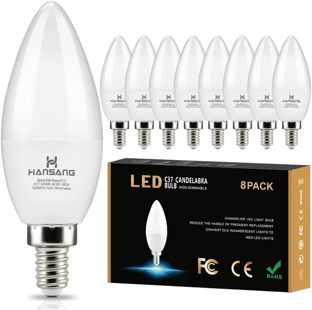 Main image of 8 Pack E12 LED Ceiling Fan Light Bulbs 60W Equivalent 5000K Daylight Type B Candelabra Light Bulbs, Small Base Candle B11 Chandelier Light Bulb, 6 Watt LED, 600LM, CRI85+, 120VAC, Non-Dimmable