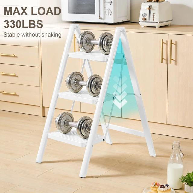 Alt view image 2 of 7 - 3 Step Ladder,Lightweight Folding Step Stool with Wide Anti-Slip Pedal, 330LBS Capacity, Heavy Duty,Sturdy Iron Metal Step Stool for Home, Kitchen, Closet, Adults,White