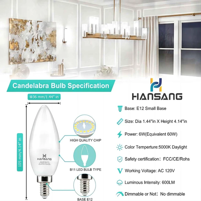 Alt view image 3 of 7 - 8 Pack E12 LED Ceiling Fan Light Bulbs 60W Equivalent 5000K Daylight Type B Candelabra Light Bulbs, Small Base Candle B11 Chandelier Light Bulb, 6 Watt LED, 600LM, CRI85+, 120VAC, Non-Dimmable