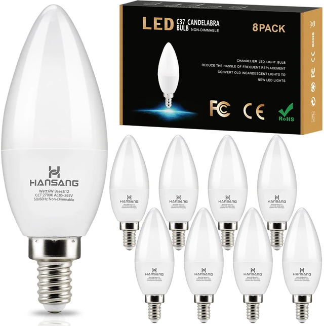 Main image of 8 Pack E12 LED Candelabra Light Bulbs 60W Equivalent 2700K Warm White Type B Light Bulb for Chandelier, Small Base B11 Ceiling Fan Light Bulbs, 6W LED, 600LM, CRI85+, 120V, Non-Dimmable