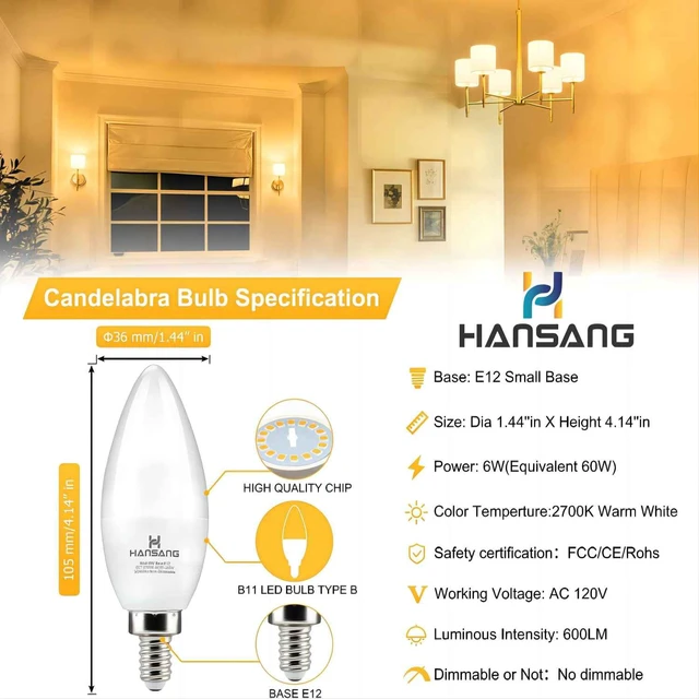 Alt view image 3 of 7 - 8 Pack E12 LED Candelabra Light Bulbs 60W Equivalent 2700K Warm White Type B Light Bulb for Chandelier, Small Base B11 Ceiling Fan Light Bulbs, 6W LED, 600LM, CRI85+, 120V, Non-Dimmable