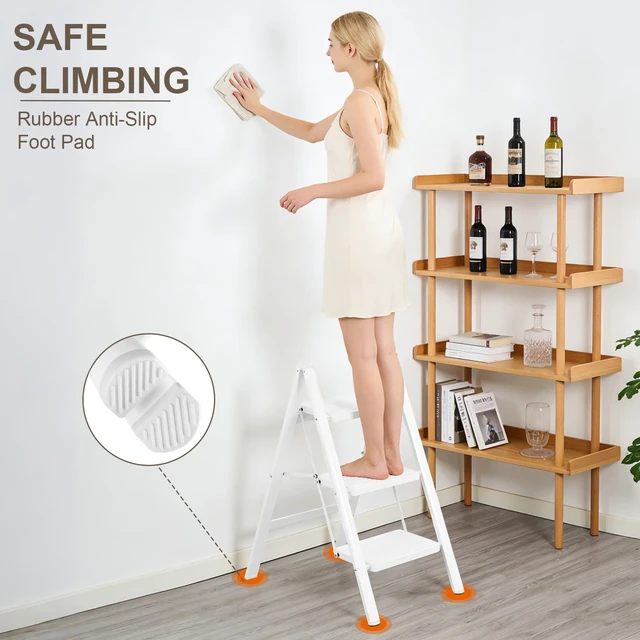 Alt view image 3 of 7 - 3 Step Ladder,Lightweight Folding Step Stool with Wide Anti-Slip Pedal, 330LBS Capacity, Heavy Duty,Sturdy Iron Metal Step Stool for Home, Kitchen, Closet, Adults,White