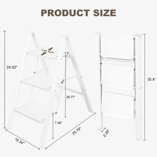 Alt view image 4 of 7 - 3 Step Ladder,Lightweight Folding Step Stool with Wide Anti-Slip Pedal, 330LBS Capacity, Heavy Duty,Sturdy Iron Metal Step Stool for Home, Kitchen, Closet, Adults,White