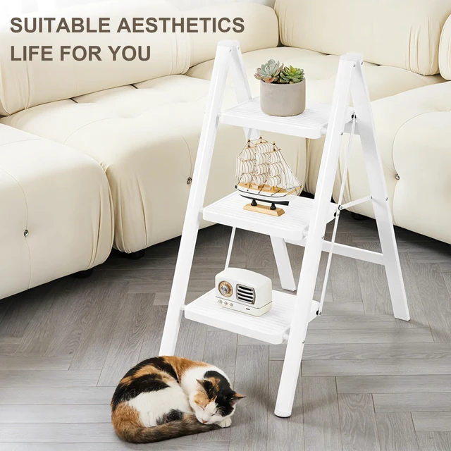 Alt view image 7 of 7 - 3 Step Ladder,Lightweight Folding Step Stool with Wide Anti-Slip Pedal, 330LBS Capacity, Heavy Duty,Sturdy Iron Metal Step Stool for Home, Kitchen, Closet, Adults,White