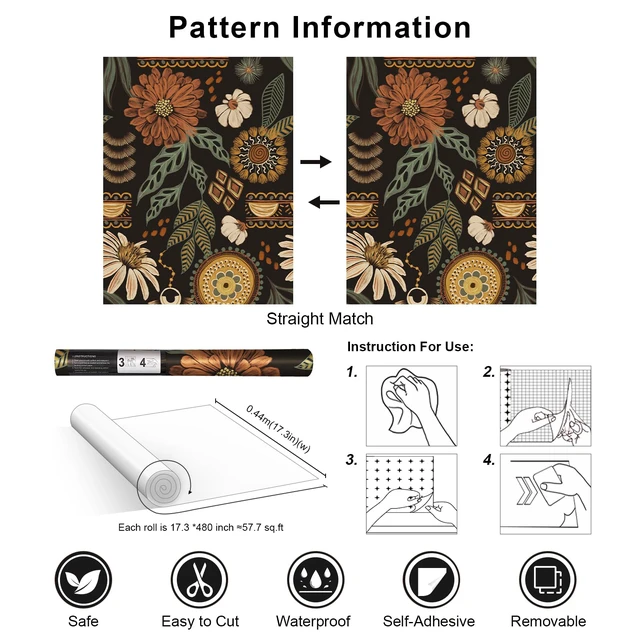 Alt view image 7 of 7 - Boho Floral Peel and Stick Wallpaper 17.3" x 480" Sun Floral Retro Contact Paper Removable Self Adhesive Contact Paper, Renter Friendly for Cabinets, Furniture, DIY Decor