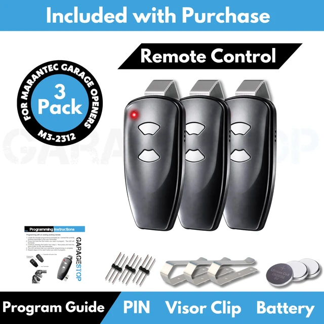 Alt view image 4 of 6 - 3X for Marantec M3-2312 315 MHz Door Opener Remote Replacement 2-Button remotes with visor clips and programming pin connector, for select 315 MHz Marantec and Harrison Martin systems