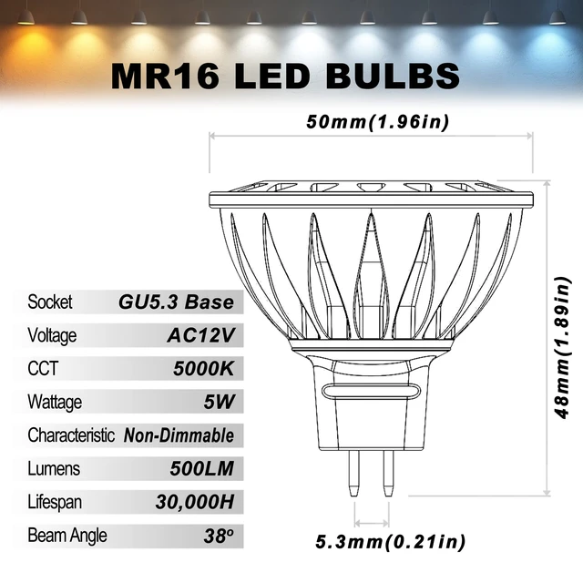 Alt view image 3 of 6 - MR16 GU5.3 Led Bulbs 12v Low Voltage 5000K Daylight White 20W 50 Watt Replacement,MR16 Light Bulb 5W for Accent Outdoor Landscape Track Lighting,Not Dimmable,500lm,38 Deg,6 Pack