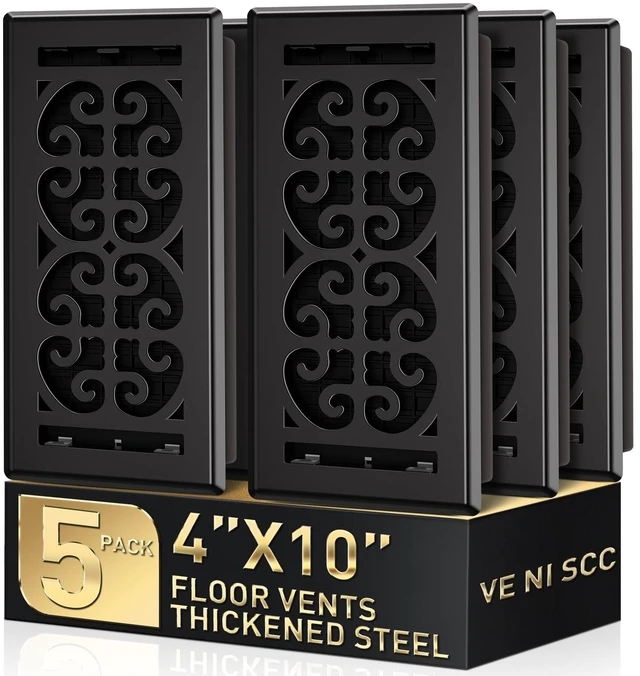 Main image of 4x10 Floor Register, 5-Pack Black Floor Vent Covers, Thicker Metal Heavy Duty Walkable Decorative Scroll Vent Cover, Quiet, Heat-Resistant & Adjustable Control Lever, Fits 4x10 Duct Opening