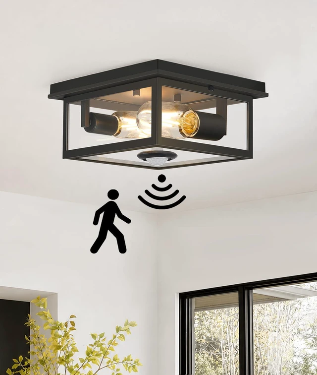Main image of Motion Sensor Outdoor Ceiling Light with Remote, 8.5 Inch Matte Black Flush Mount Porch Light Fixture with United Glass Cover, 5 Modes Outside Flush Mount Light for Porch, Garage, Patio, Entryway