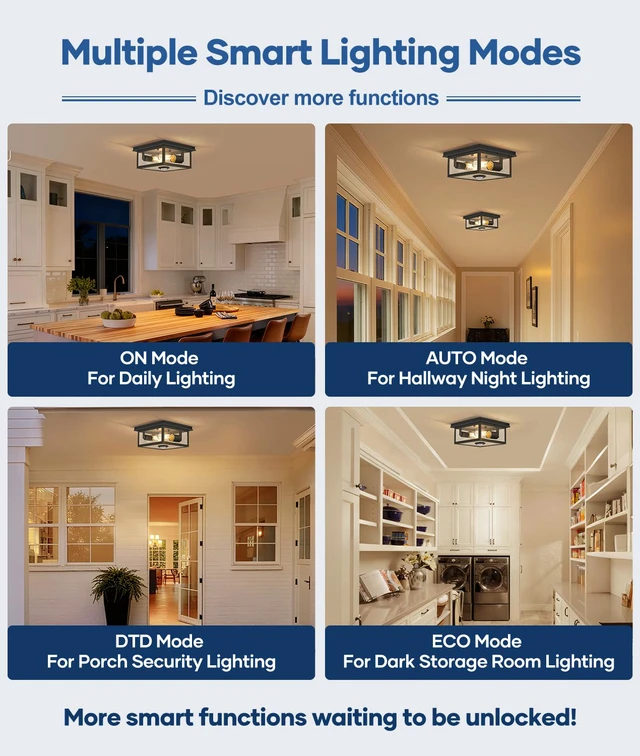 Alt view image 5 of 7 - Motion Sensor Outdoor Ceiling Light with Remote, 8.5 Inch Matte Black Flush Mount Porch Light Fixture with United Glass Cover, 5 Modes Outside Flush Mount Light for Porch, Garage, Patio, Entryway