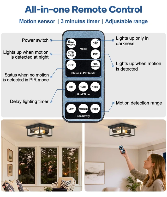Alt view image 6 of 7 - Motion Sensor Outdoor Ceiling Light with Remote, 8.5 Inch Matte Black Flush Mount Porch Light Fixture with United Glass Cover, 5 Modes Outside Flush Mount Light for Porch, Garage, Patio, Entryway